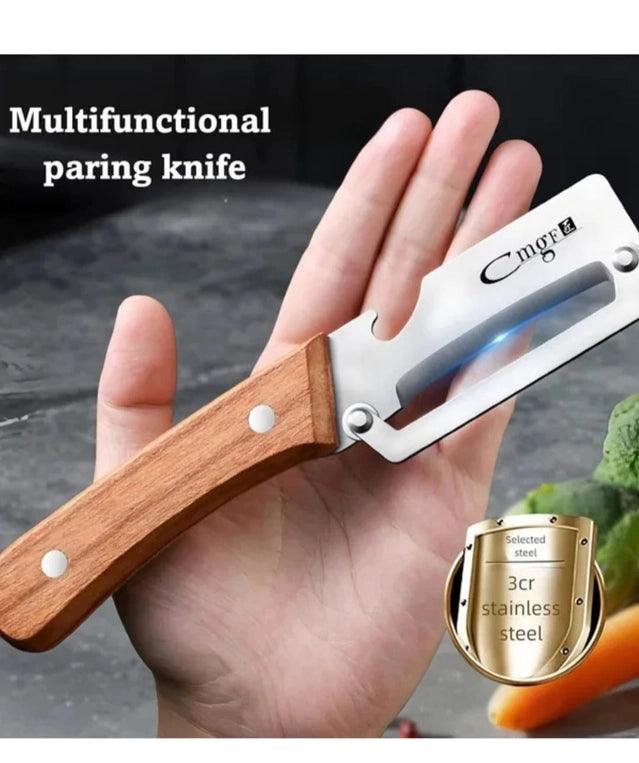 Multi-Functional Vegetable Peeler,2.5mm Stainless Steel Peeler Knife with Ergonomic wooden Handle & Bottle Opener,2 in 1 kitchen Tool for Fruit Apple,Potatoes, Sugar Cane (Silver/Burlywood)
